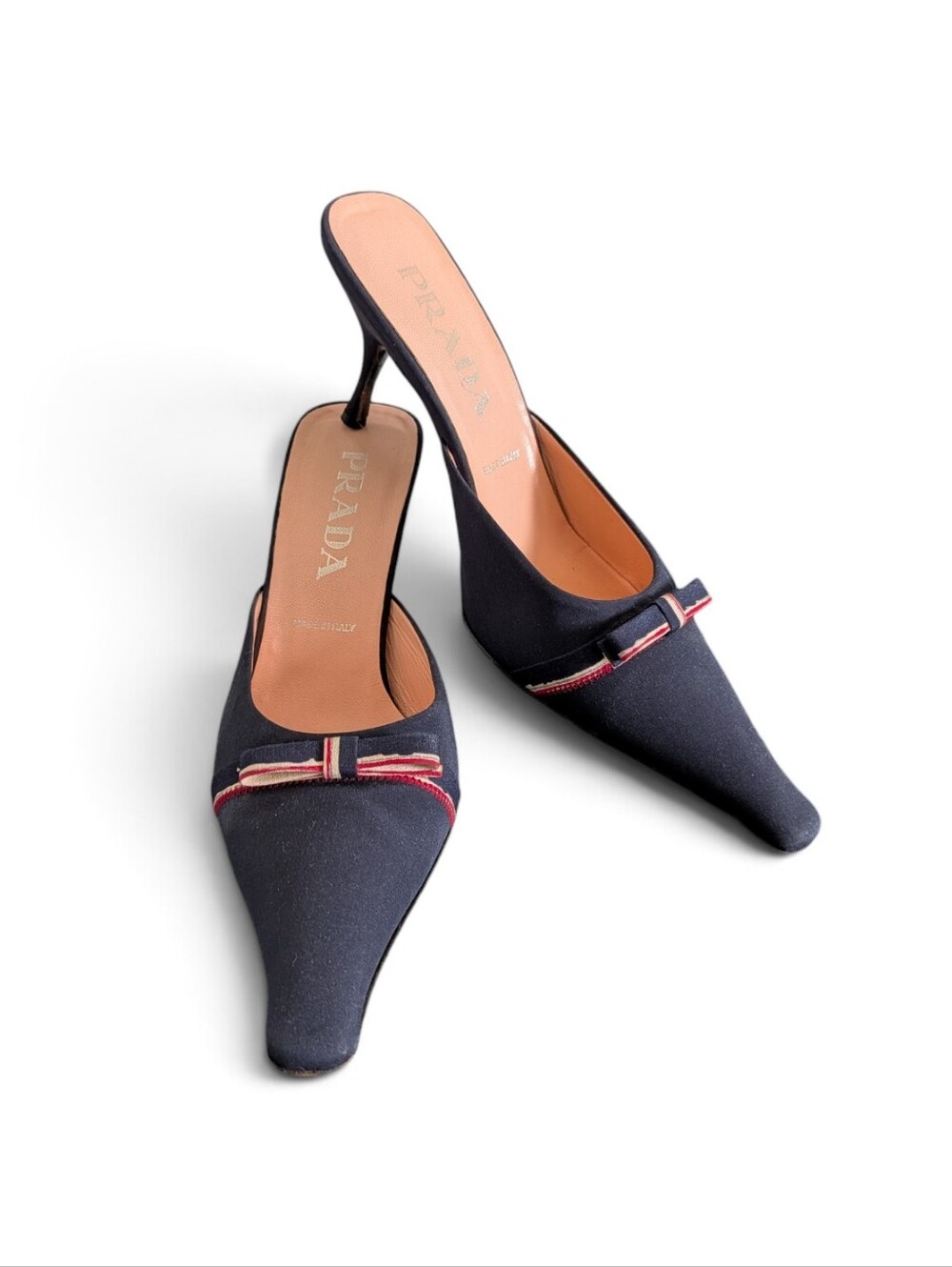 Prada Vintage Navy Satin Bow Pointed Toe Kitten Heels